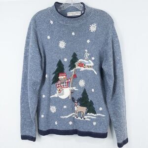 Vintage Victoria Jones Ugly Christmas Sweater‎ Womens Petite Large Blue Holiday